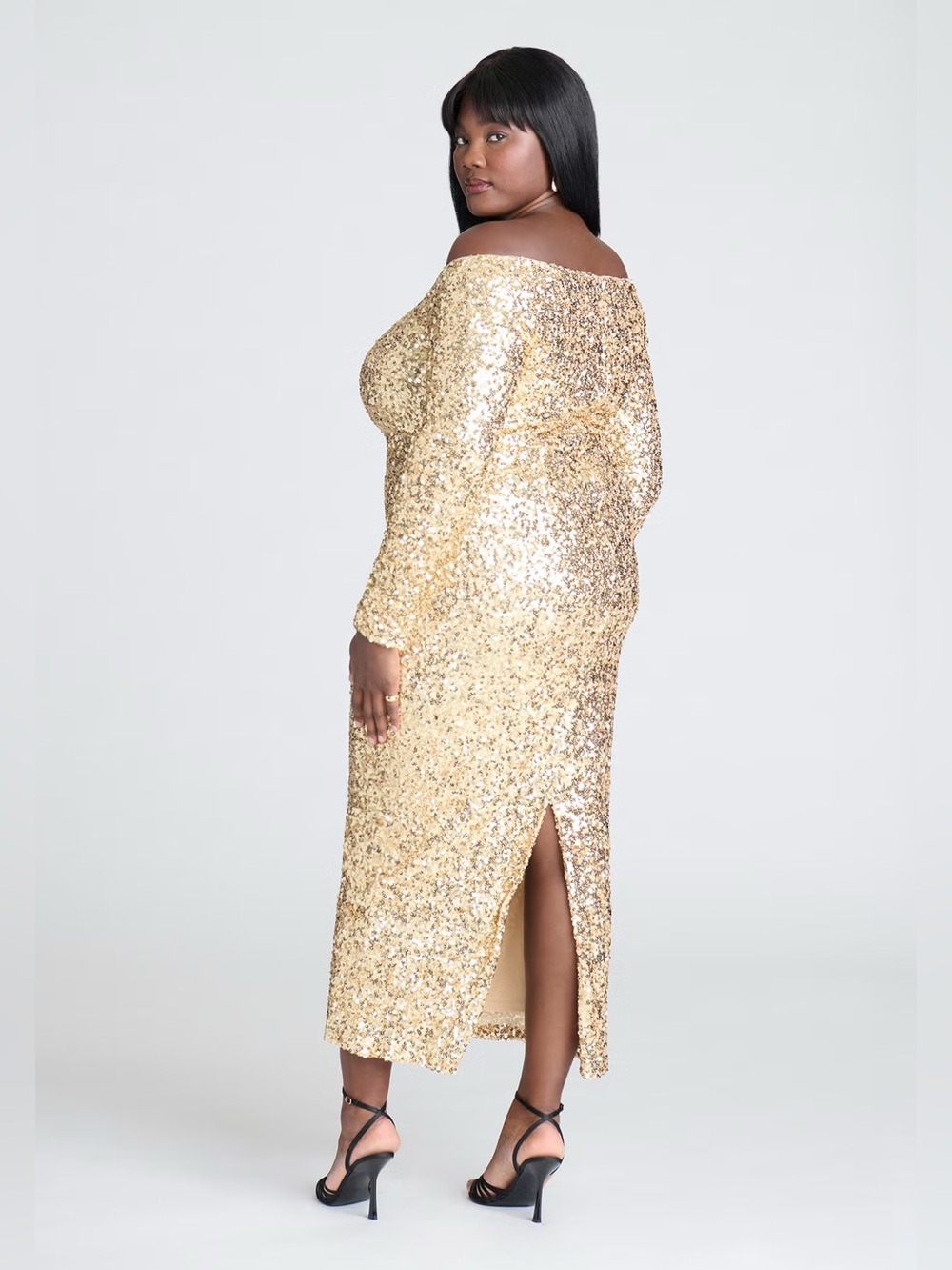 ELOQUII OFF THE SHOULDER SEQUIN COLUMN DRESS IN GOLD - Picture 6 of 12